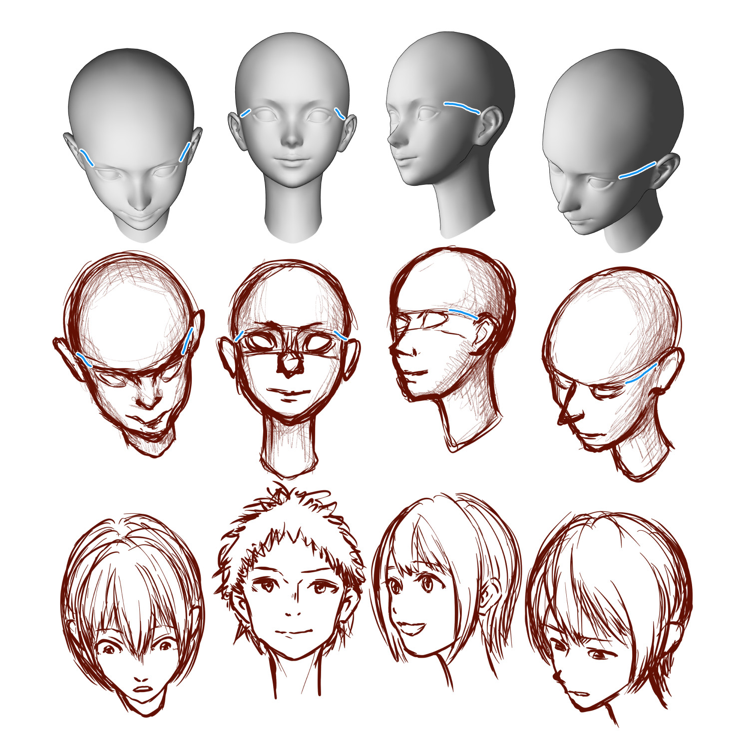 クリスタの 3D モデルで目と耳の位置関係を観察しながら練習している例